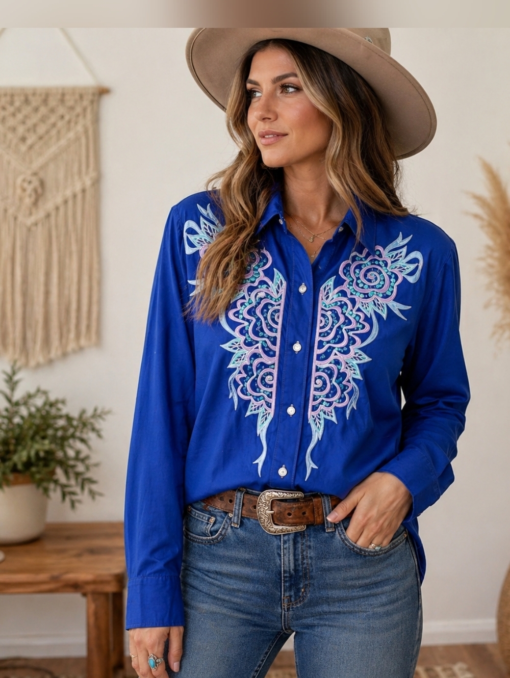 BoMojo Wearable Art XL Cobalt Blue Embroidered Sequin Western Button-Up Shirt‎